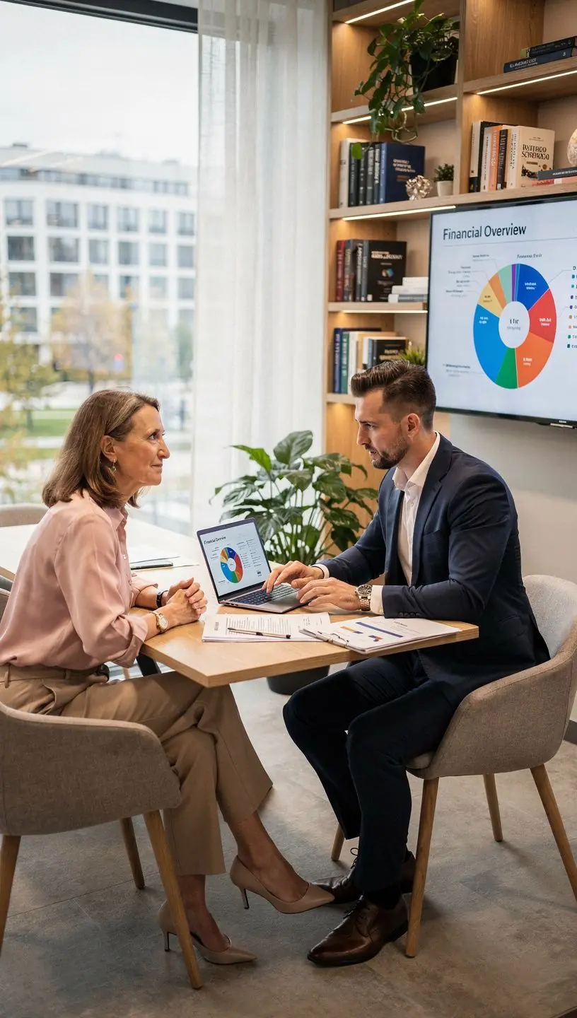 Doradca finansowy prezentuje klientowi raport z analizą finansów i rekomendacjami dostosowanymi do potrzeb.