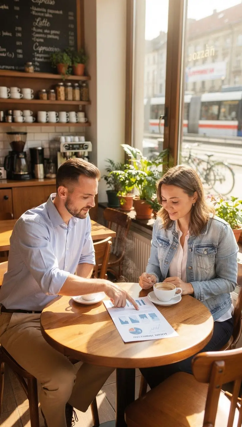 Klient i doradca finansowy analizują dokumenty wydatków na laptopie w jasnym biurze.